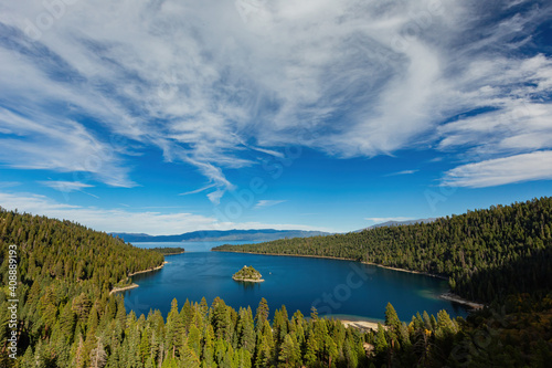 Sunny view of the Lake Tahoe, Emerald Bay and Fannette Island