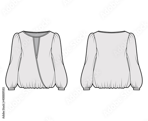 Surplice blouse technical fashion illustration with bouffant long sleeves, gathered hem, wide wrap scoop neck, oversized. Flat shirt apparel top template front, back grey color. Women men CAD mockup