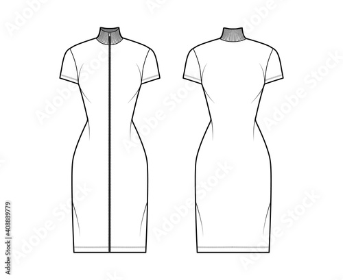 Turtleneck zip-up dress technical fashion illustration with short sleeves, knee length, fitted body, Pencil fullness. Flat apparel template front, back, white color. Women, men, unisex CAD mockup
