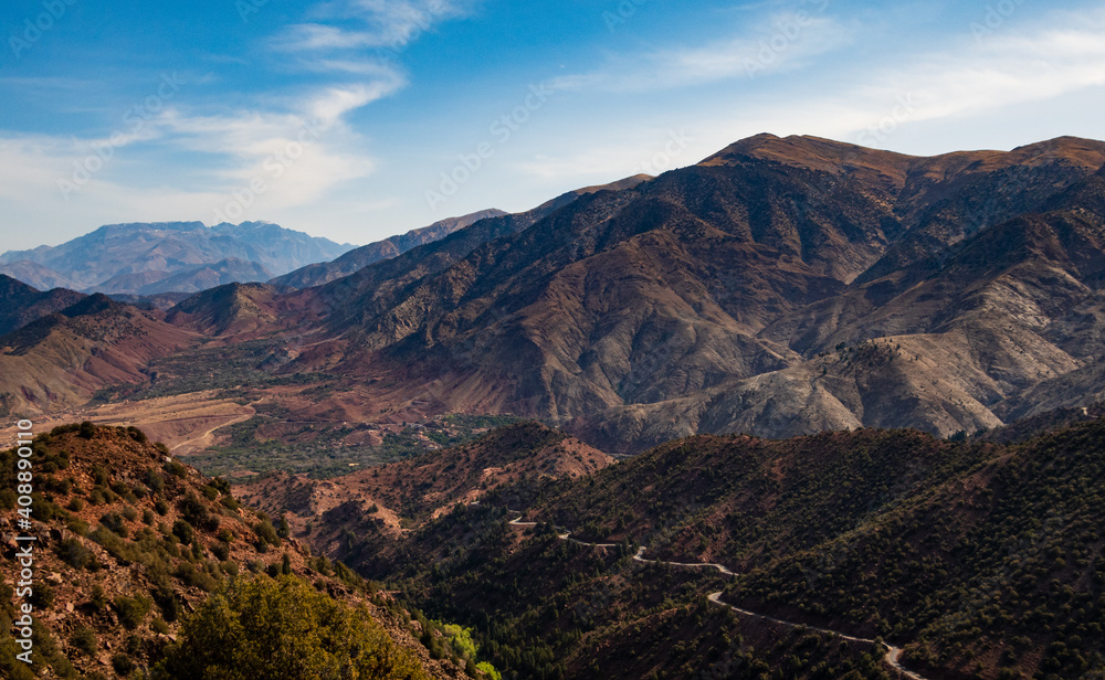 Hiking through the High Atlas Mountains of Morocco on a sunny day