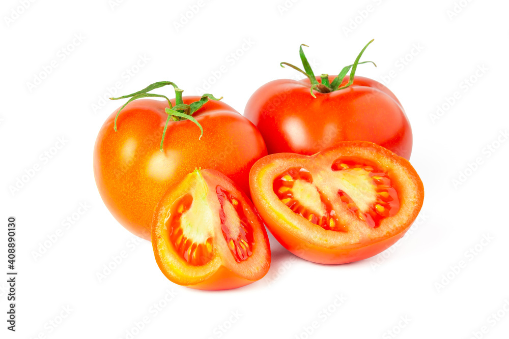 red tomatoes with slices isolated on white. Juicy red tomato red tomatoes with slices isolated on white. Juicy red tomato