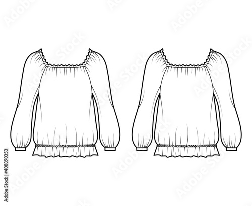 Peasant blouse technical fashion illustration with bouffant long sleeves, gathered wide scoop and hem, oversized. Flat shirt apparel top template front, back, white color. Women men unisex CAD mockup
