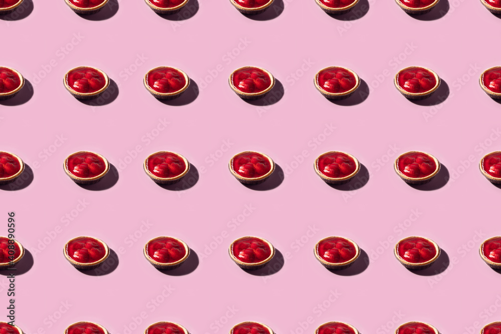 Seamless Pattern from Fresh fruit strawberry tart on pink background