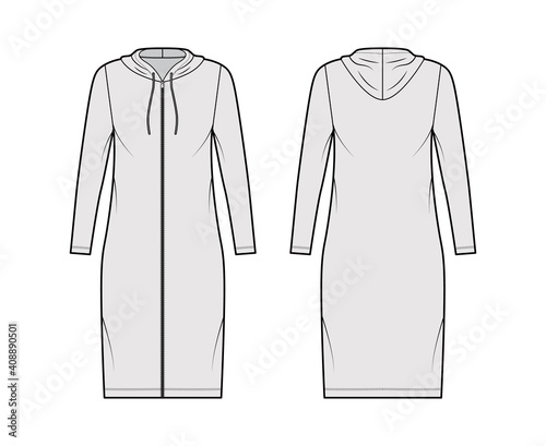 Hoodie zip-up dress technical fashion illustration with long sleeves, knee length, oversized body, Pencil fullness. Flat apparel template front, back, grey color. Women, men, unisex CAD mockup