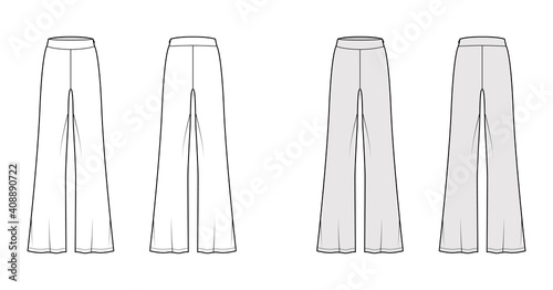 Pants boot cut technical fashion illustration with floor length  oversize silhouette  side zipper. Flat sport pyjama bottom template front  back  white grey color style. Women  men  unisex CAD mockup