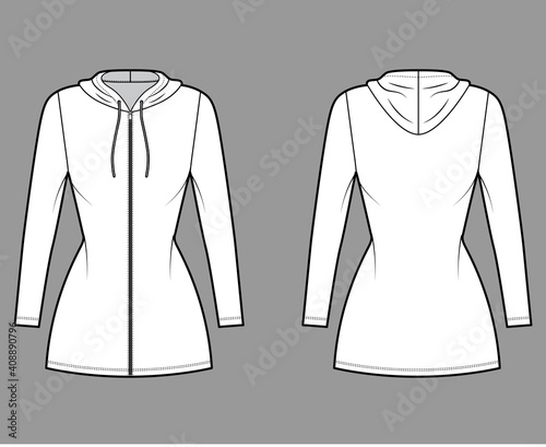 Hoodie zip-up dress technical fashion illustration with long sleeves, mini length, fitted body, Pencil fullness. Flat apparel template front, back, white color. Women, men, unisex CAD mockup