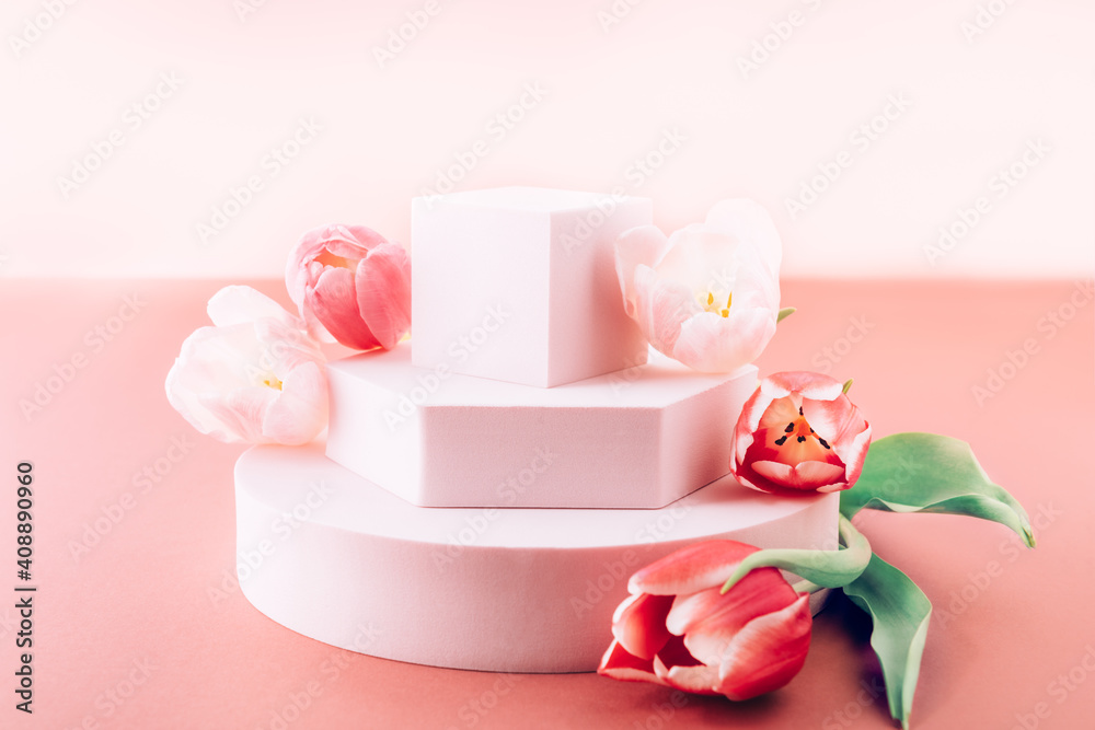 Solid Display Block for Shop Windows with tulips on pink background, empty podium for product presentation, geometric stand for cosmetics Solid Display Block for Shop Windows with tulips on pink background, empty podium for product presentation, geometric stand for cosmetics