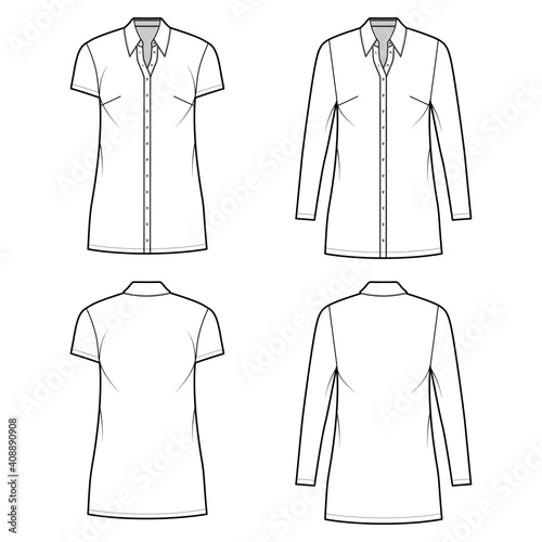 Shirt dress technical fashion illustration with classic regular collar, mini length, oversized body, button up. Flat apparel template front, back, white color. Women, men, unisex CAD mockup