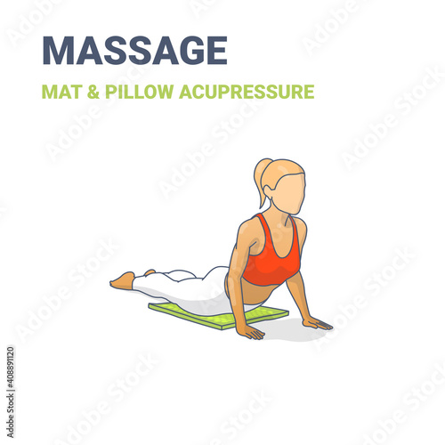 Female in cobra stretching pose on an acupressure mat. Concept of a woman relaxing at home on a mat practicing yoga.