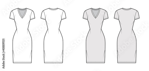 T-shirt dress technical fashion illustration with V-neck, short sleeves, knee length, fitted body, Pencil fullness. Flat apparel template front, back, white, grey color. Women, men, unisex CAD mockup