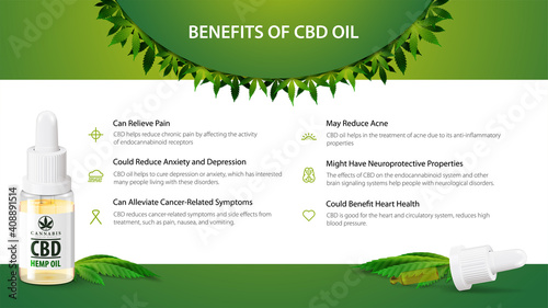 Medical uses for cbd oil, benefits of use CBD oil. Green and white banner with glass bottle of cbd oil, hemp leaf and pipette.