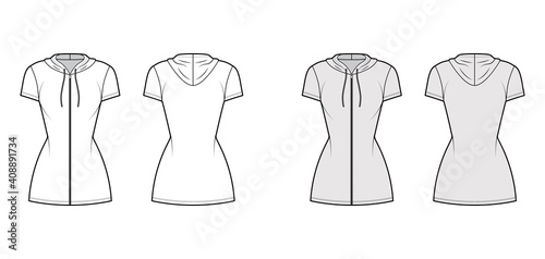 Hoodie zip-up dress technical fashion illustration with short sleeves, mini length, fitted body, Pencil fullness. Flat apparel template front, back, white, grey color. Women, men, unisex CAD mockup