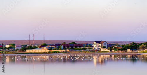 River town houses reflection in water landscape. View river town houses scene. River town houses panorama