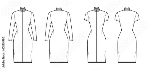 Turtleneck zip-up dress technical fashion illustration with long, short sleeves, knee length, fitted body, Pencil fullness. Flat apparel template front, back, white color. Women, men unisex CAD mockup