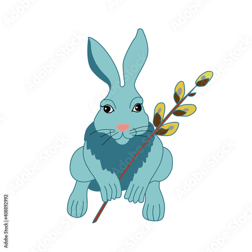 Blue cartoon rabbit  the symbol of Easter. Vector Easter illustration on a white background.