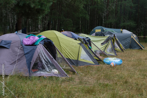 Tent camp in the forest. View of tourist tents.
