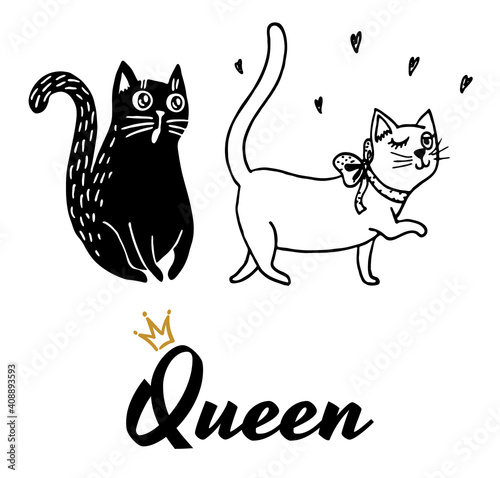 Vector illustration in doodle style. The cute black cat fell in love with the arrogant beautiful white cat, was fascinated by her and was speechless. Queen inscription. Valentine's day card.