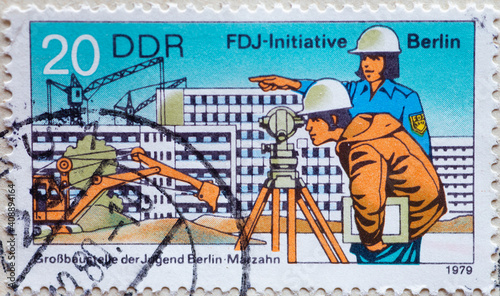 GERMANY, DDR - CIRCA 1979 : a postage stamp from Germany, GDR showing Construction projects for the large construction site of the youth, Berlin-Marzahn