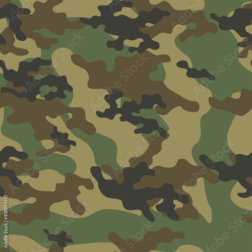 Green camouflage pattern military texture on textile. Repeat print. Fashionable background. Vector