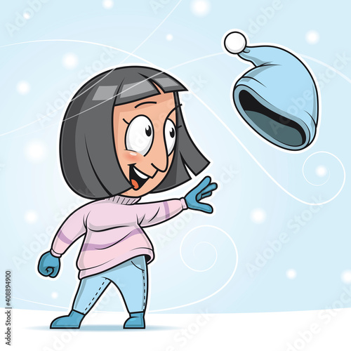 Cartoon illustration of a Woman trying to catch her hat gone with the wind ,in a snowfall