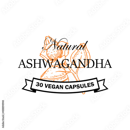 Hand drawn Ashwagandha logo isolated on white background. Vector illustration in sketch style.