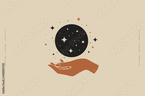 Hand holds the magic moon. Trendy magic symbol on a light background. Astrological sign in minimalist style. Mystical symbols for spiritual practices, ethnic magic, and astrological rites.