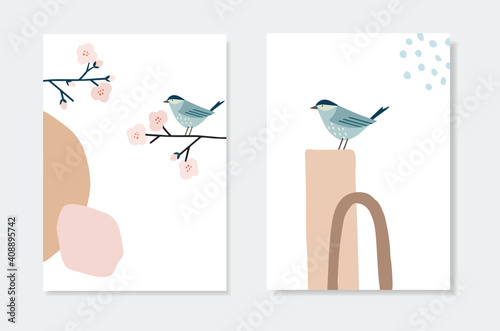 Set of spring, Easter artistic greeting cards, invitations. Bird sitting on blossiominch cherry tree branch. Abstract geometric shapes. Modern minimalist vector drawing, wall art. Poster or web banner