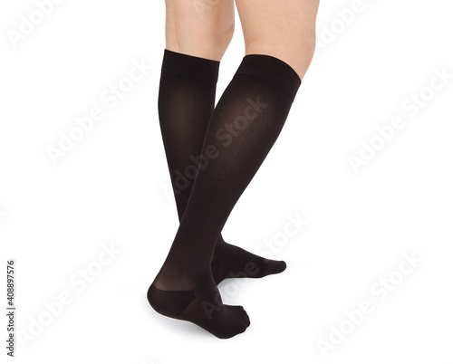 Fototapeta Naklejka Na Ścianę i Meble -  Compression Hosiery. Medical Compression stockings and tights for varicose veins and venouse therapy. Tights for man and women. Clinical compression knits. Comfort maternity tights for pregnant women.