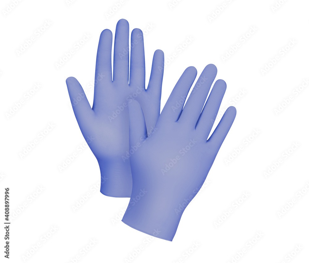 Medical gloves.Two purple surgical gloves isolated on white background with hands. Rubber glove manufacturing, human hand is wearing a latex glove. Doctor or nurse putting on protective gloves Medical gloves.Two purple surgical gloves isolated on white background with hands. Rubber glove manufacturing, human hand is wearing a latex glove. Doctor or nurse putting on protective gloves