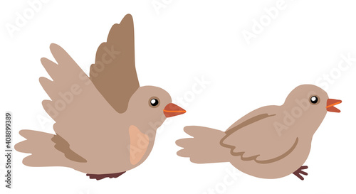 Set of cute birds isolated on white background. Hand drawn vector stock illustrations. Colored cartoon doodles. Drawing of flying and sitting bird. Element for design, postcard, print, stickers, logo.
