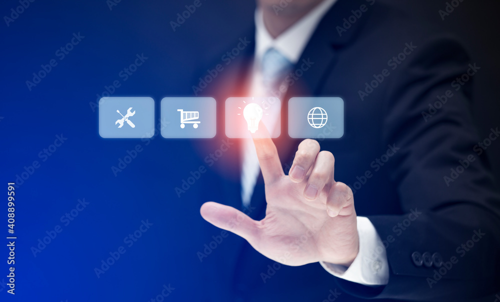 Businessman touching light bulb icon and Big data analytics visualization technology with chart and graph icons on a digital screen interface, science, information, analytics and innovation concept Businessman touching light bulb icon and Big data analytics visualization technology with chart and graph icons on a digital screen interface, science, information, analytics and innovation concept