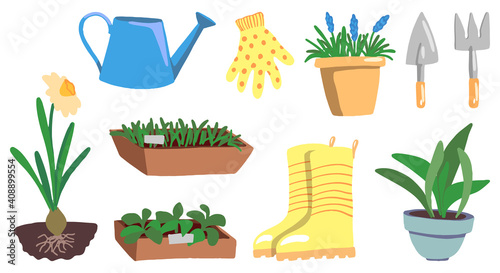 Set of gardening supplies isolated on white. Hand drawn vector illustrations. Colored cartoon doodles. Drawings of tools, home potted plants, gloves, rubber boots. Elements for design, print, sticker. © Olga Sayuk