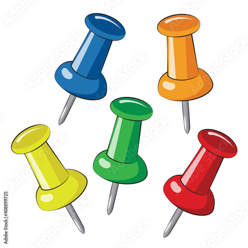 Multicolored tacks on a white background. Stationery. Education. Business. Memo. Drawn.