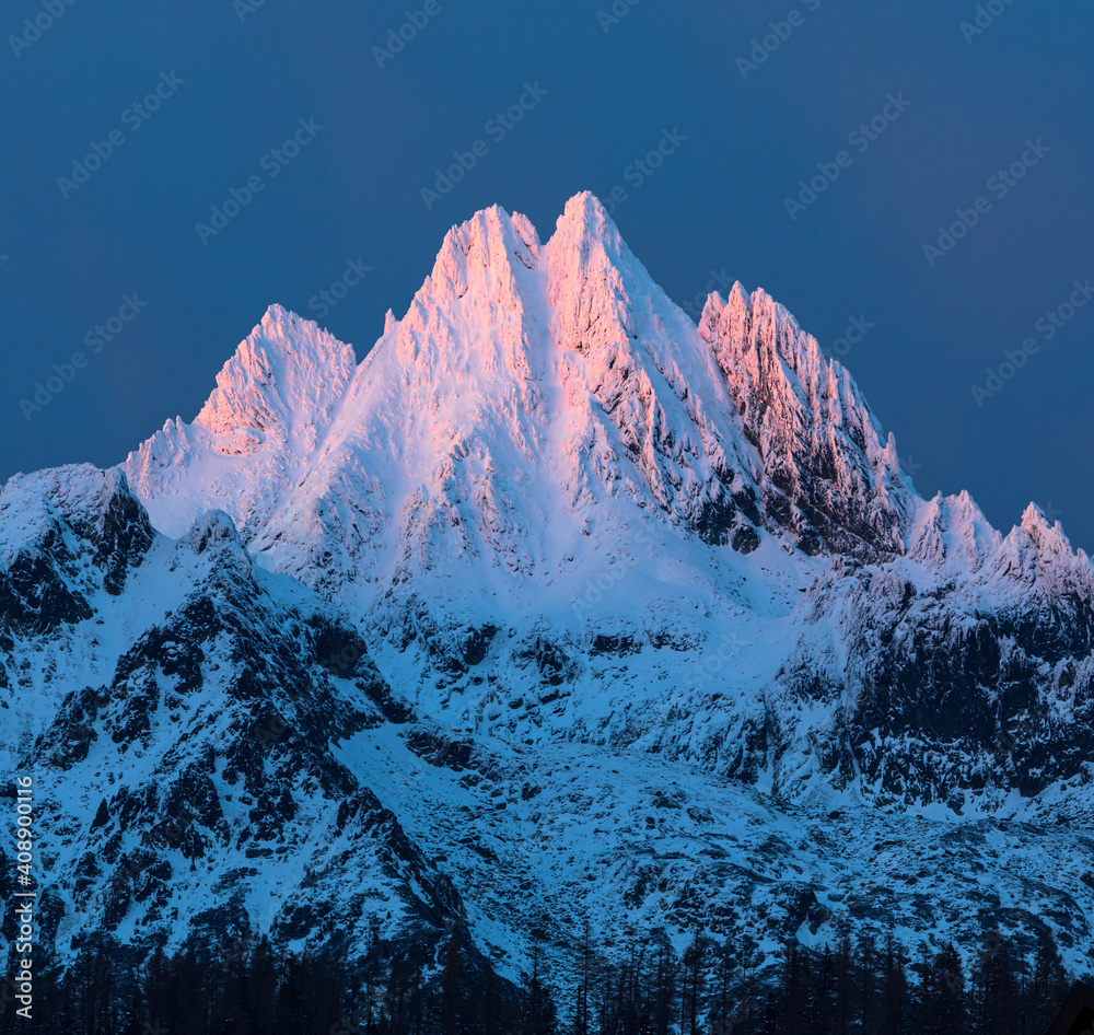 Sunrise view on National park High Tatras winter sunrise and mountain Vysoka (2547 elevation) over Strbske lake, Slovakia