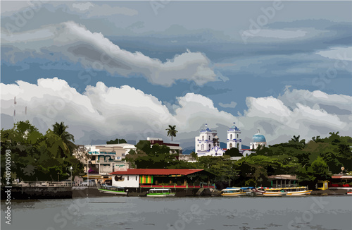 Catemaco, Veracruz, waterfront and church cloudy illustration