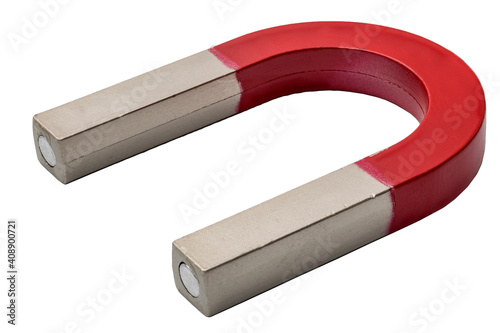 Obraz na płótnie Magnetism, science tools and magnetic attraction concept with close up photograph on red and silver magnet in shape of horseshoe isolated on white background with clipping path cutout w salonie