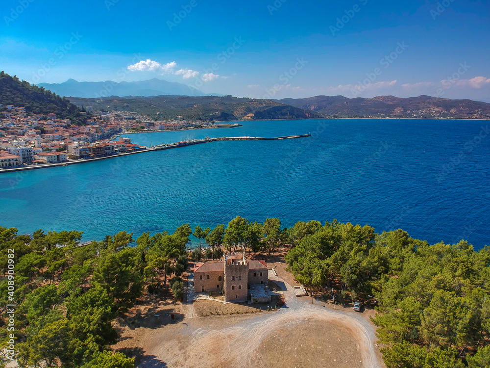 Aerial view over picturesque seaside town of Gytheio, Lakonia, Peloponnese, Greece