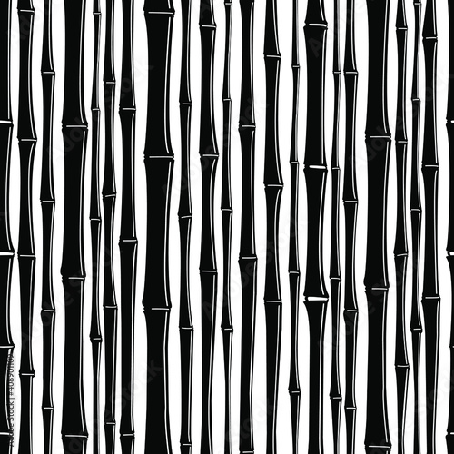 black and white seamless pattern of bamboo trunks forming a wall