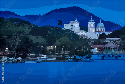 Catemaco beautiful waterfront and church evening illustration