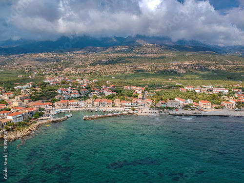 Aerial scenic view over the seaside village Agios Nikolaos and the picturesque old port near Kardamyli, Peloponnese