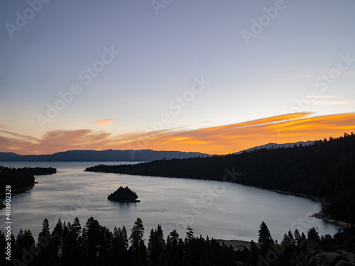 Sun rise view of the Lake Tahoe, Emerald Bay and Fannette Island