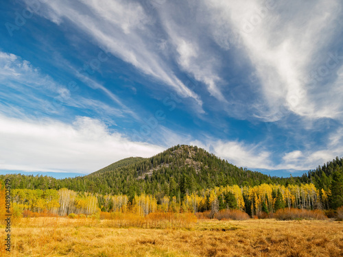 Sunny view with beautiful fall color along the Hope Valley in Lake Tahoe area