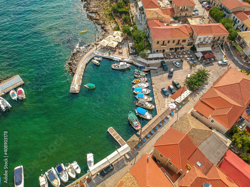 Aerial scenic view over the seaside village Agios Nikolaos and the picturesque old port near Kardamyli, Peloponnese photo