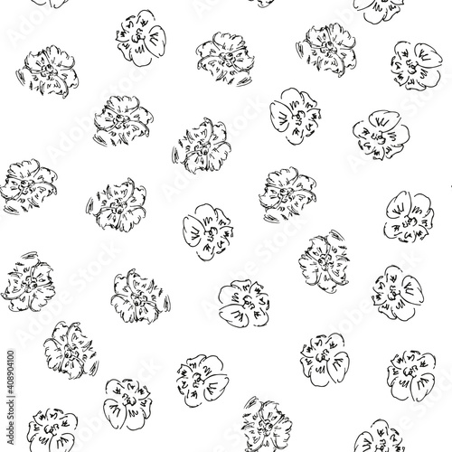 Doodle simple vector seamless pattern of hand-drawn roses. Seamless random pattern of hand-drawn flowers. Isolated on white background.