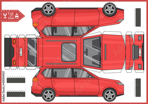 Cut and glue 3d paper car. Kids craft game. Children worksheet. Activity page. Vector illustration.