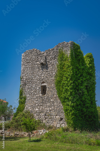 Small defence tower or castle from 16th century, Tower Kastelina, covered by green ivy in Zaton, Croatia