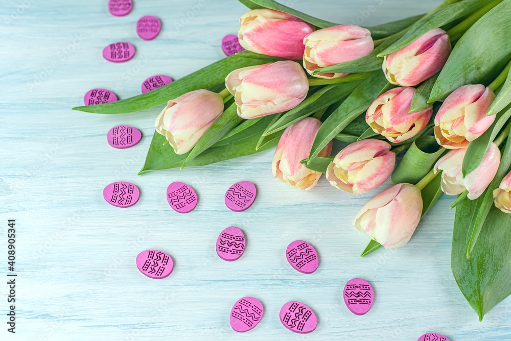 pink tulips on table, Easter background .