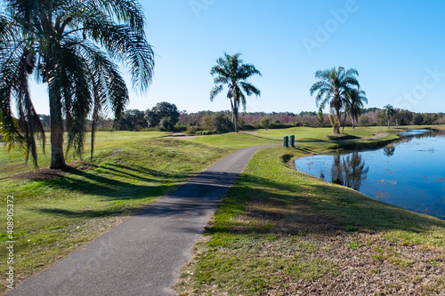 A golf course with green grass and large palm trees under a blue sky with a blue pond or body of water. A paved golf path runs through the lawn or greens towards a forest of trees.
