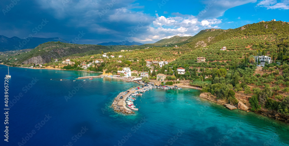Aerial panoramic view of the beautiful coastal village Kitries, located near Kardamili about half an hour from Kalamata city, Messenia. Amazing summer scenery in the Messenian Gulf, Greece