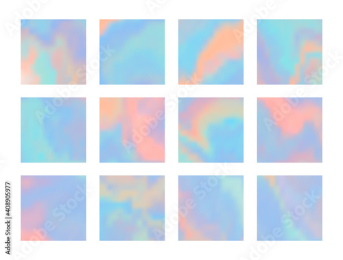 Set of tender pastel blue and orange horizontal wavy hologram background. Holographic vibrant colors watercolor texture for software, ui design, web, apps wallpaper, banner